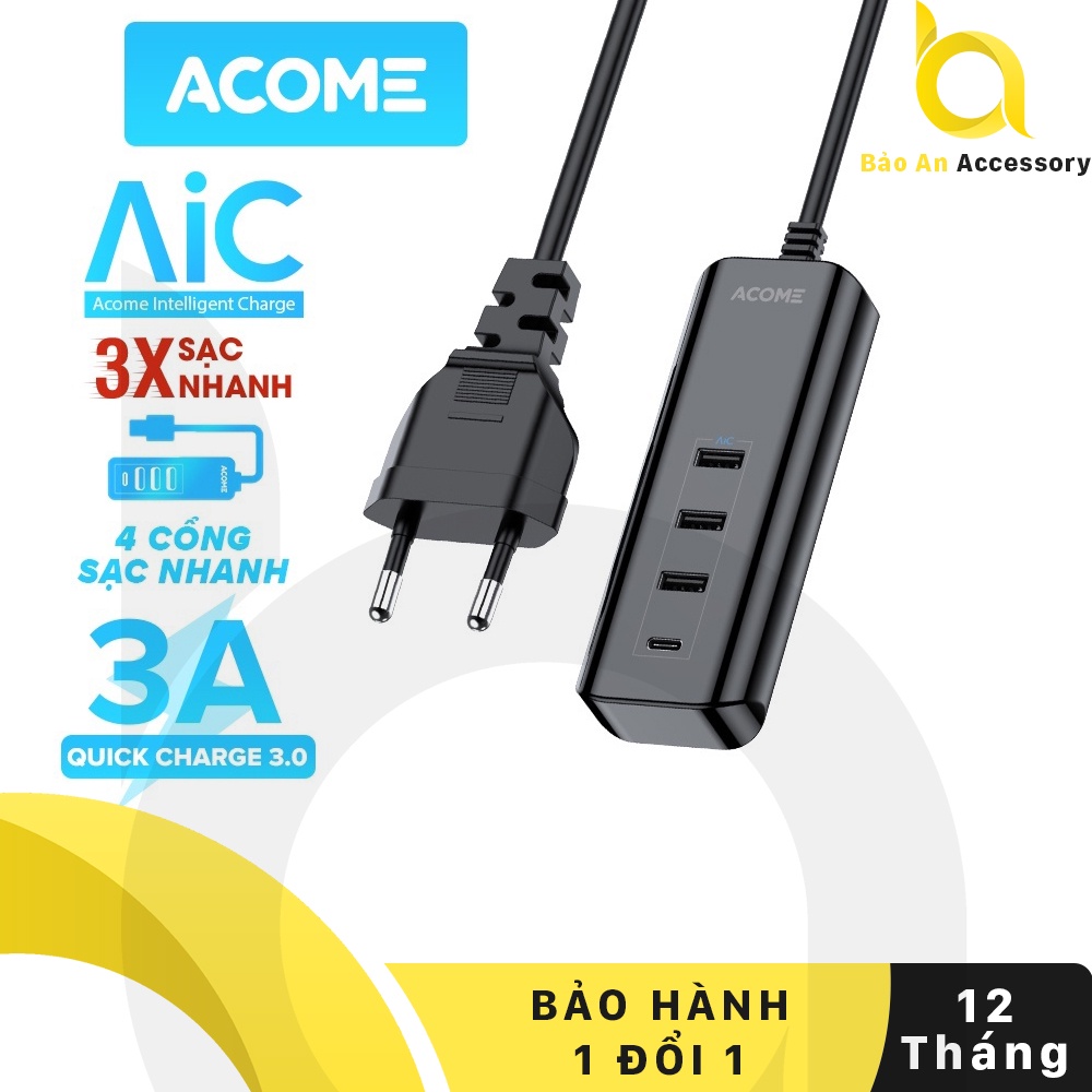 Ổ Cắm Sạc Hỗ Trợ Sạc Nhanh Kiểu Dáng Nhỏ Gọn Acome AC20 4 Cổng Sạc USB-A Type C Tương Thích Thiết Bị Android IOS