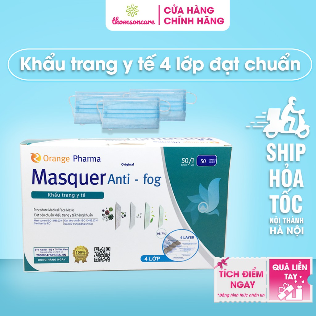 Khẩu trang y tế 4 lớp màu xanh kháng khuẩn hộp 50 cái lọc bụi, dùng một lần