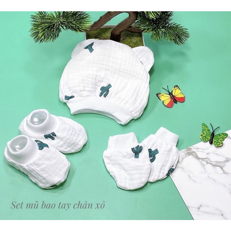 Set nón bao tay chân vải Xô cho bé sơ sinh