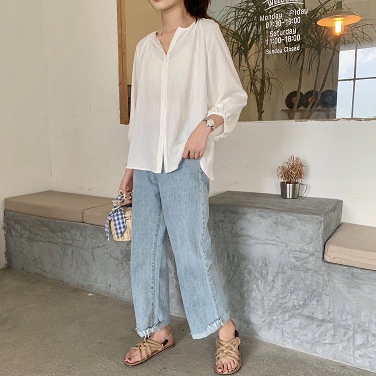 Áo sơ mi nữ tay dài màu trơn phong cách retro | BigBuy360 - bigbuy360.vn