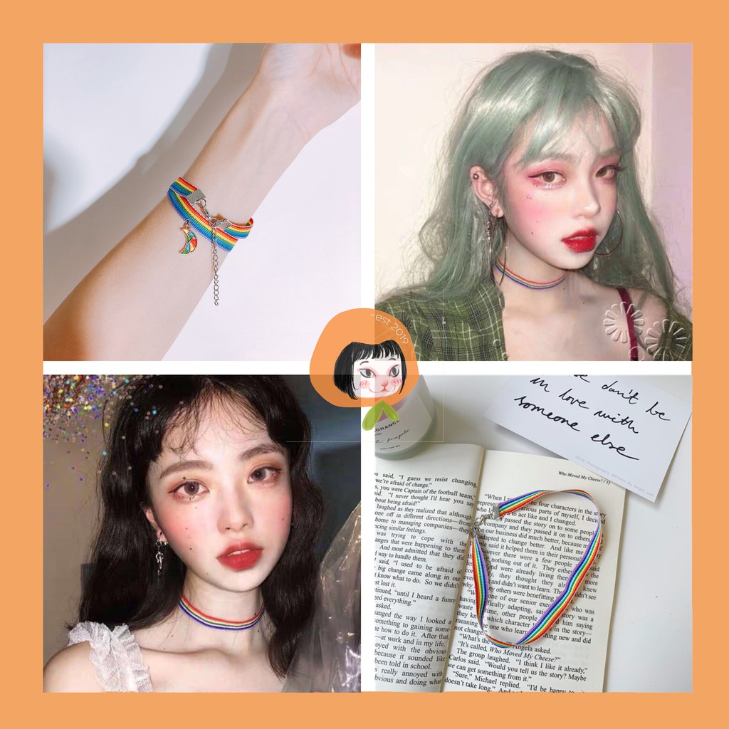 [Mã FAJGT8 giảm 15% đơn 99K] Vòng Tay Cầu Vồng Kiêm Choker Kèm Charm Mặt Trăng Mặt Cười Unisex Cá Tính