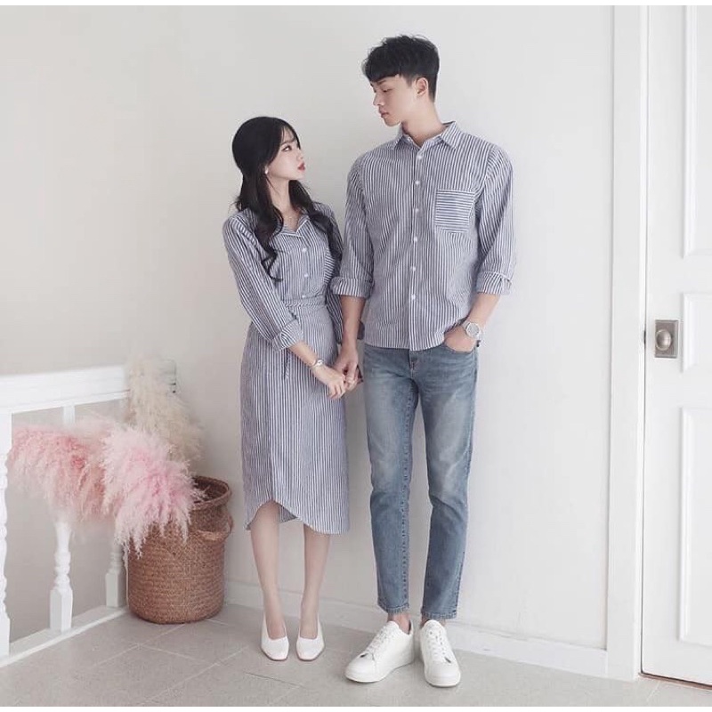 (Có ảnh thật) Set áo váy đôi nam nữ sọc xanh 3 món siêu xinh giá rẻ Forever Couple Store (giá gồm áo váy, có ảnh thật)