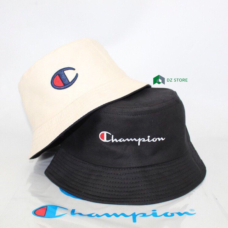 Nón Bucket champion vành tròn chất liệu cotton thêu logo phù hợp nam nữ 2 màu trắng đen , ảnh thật tự chụp