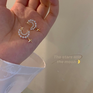 Khuyên Tai Hình Mặt Trăng Và Ngôi Sao Đính Đá Phong Cách Hàn Quốc