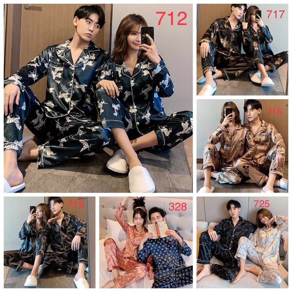 Set pijama nam nữ lụa bóng cao cấp 712