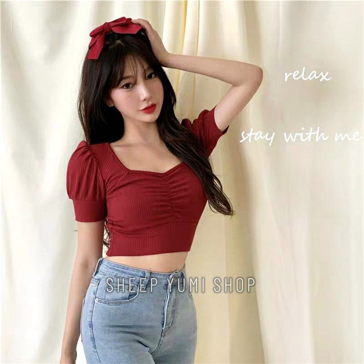 Áo Thun Croptop Cổ Vuông Nhún Ngực Tay Phồng SHEEP YUMI SHOP AC07