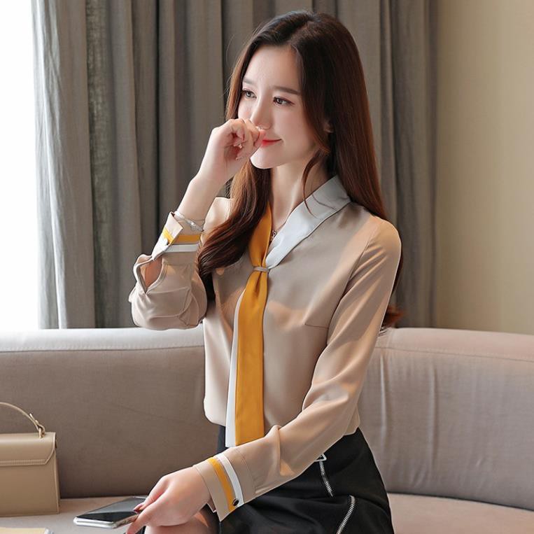 Áo chiffon công sở nữ tay dài thắt nơ phong cách Hàn Quốc Đẹp