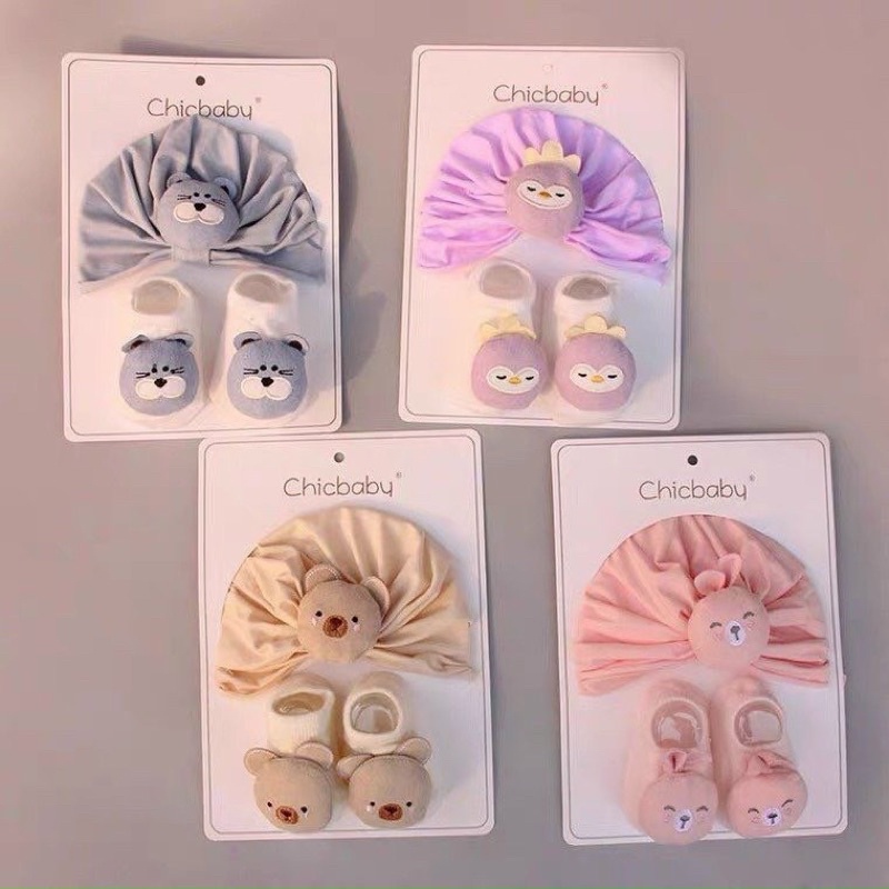 Set mũ turban kèm tất hình thú cực xinh cho bé