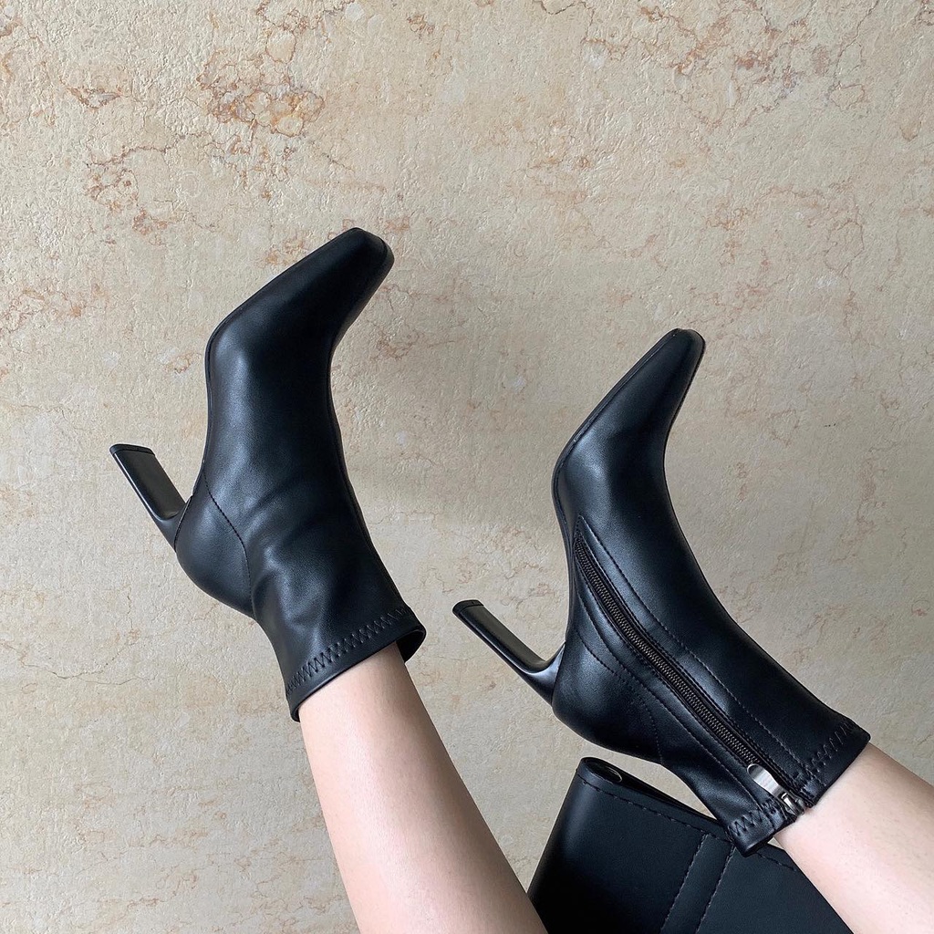 Boot nữ cổ ngắn cao gót 7 phân OSHO đế vuông mũi vuông, chất da mềm cao cấp hàng loại 1