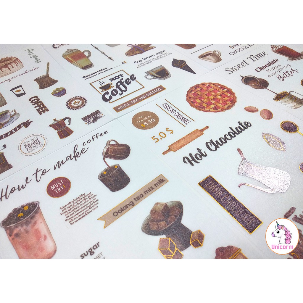 set 6 tấm sticker coffee and sweet time phong cách vintage siêu xinh - sticker dán trang trí planner sổ tay