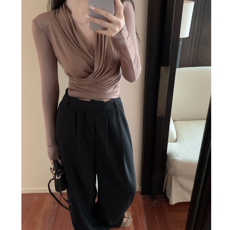 Cocory vn Áo Croptop Tay Dài Cổ Chữ V Dáng Ôm Thời Trang Quyến Rũ Cho Nữ