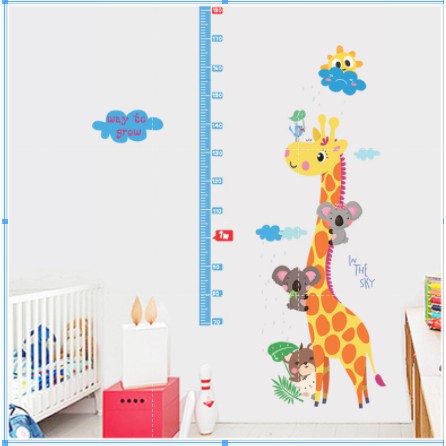 Decal dán tường thước đo hươn cao cổ và 2 chú gấu con
