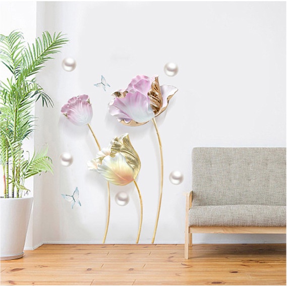 Decal trang trí tường - Hoa hồng ánh vàng và những hạt châu