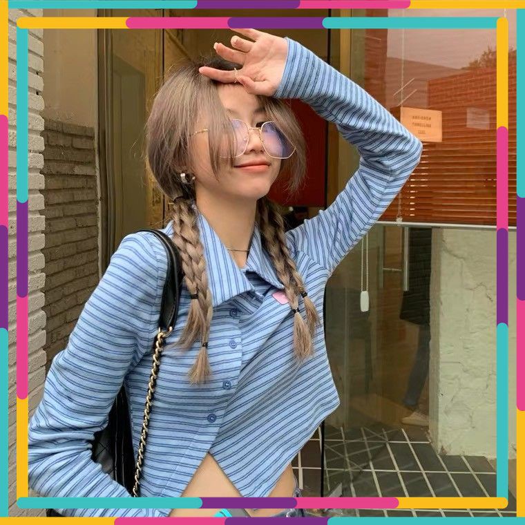 ÁO CROPTOP TAY DÀI SỌC NGANG NÚT GÀI CHÉO SIÊU XINH - ORDER 10 NGÀY - Có ảnh thật