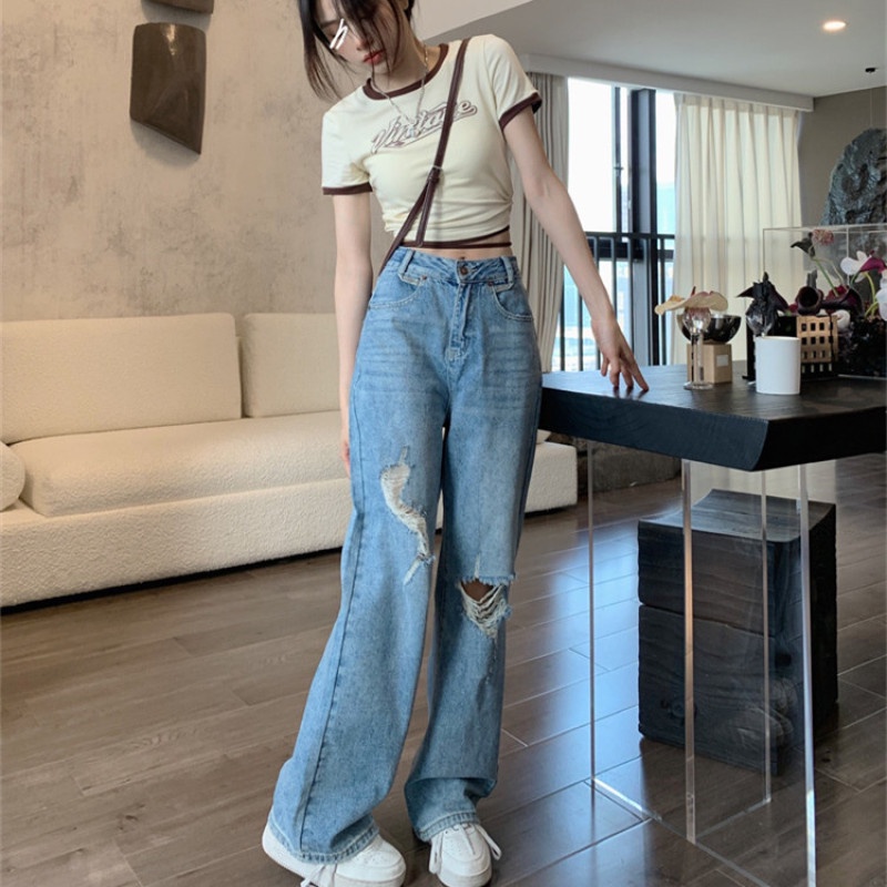 Quần Jean Nữ Lưng Cao Ống Đứng Rách Gối Thời Trang