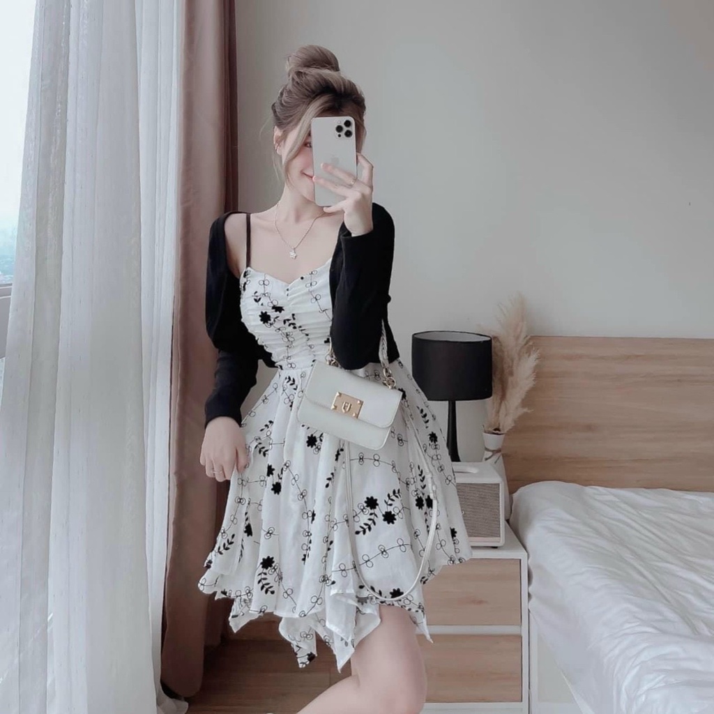 Sét đầm váy nữ 2 dây họa tiết chân váy tung xòe cực xinh kèm áo khoắc tôn dáng trẻ trung sang trọng thanh lịch siêu xinh
