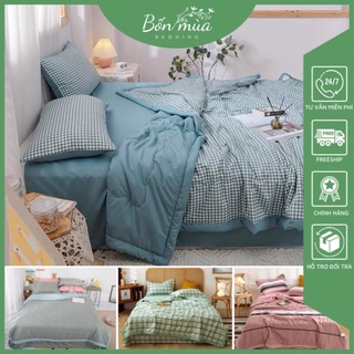 Bộ Chăn Ga Gối Kẻ BỐN MÙA BEDDING chất Cotton đũi mềm mịn, ga chun chăn trần bông kèm 2 vỏ gối nằm - hàng nhập khẩu
