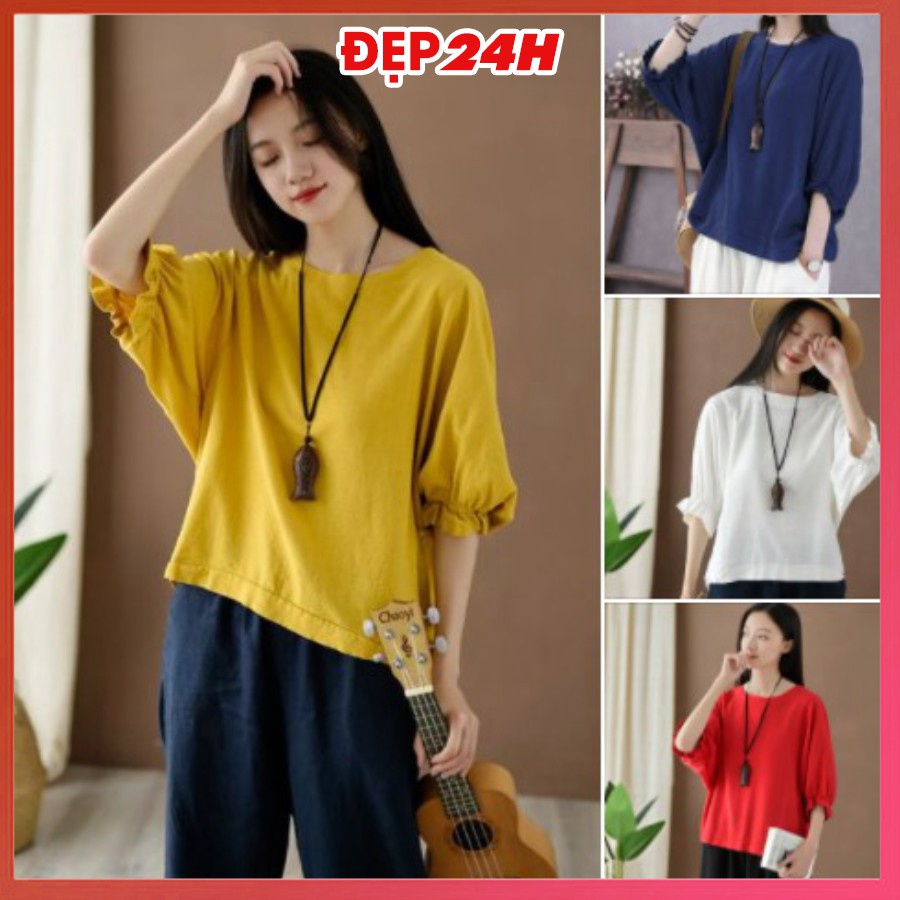❁♣Áo kiểu nữ Hàn Quốc, đũi cổ tròn tay lỡ Đẹp 24 giờ, form rộng che khuyết điểm AKH.45 | BigBuy360 - bigbuy360.vn