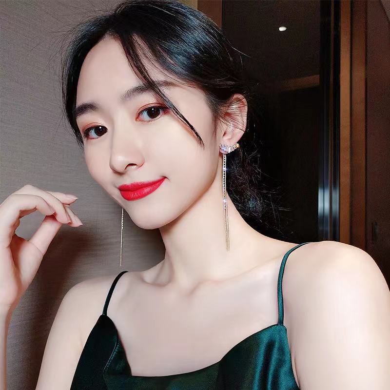 Khuyên Tai Tua Rua Dáng Dài Đính Đá Zircon Phong Cách Hàn Quốc Mới 2022 Cho Nữ