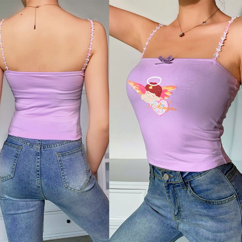 Áo Croptop Hai Dây Thắt Nơ In Họa Tiết Thiên Thần Cupid Dễ Thương Cho Nữ