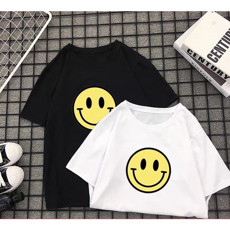 áo thun nam nữ tay lỡ form rộng trắng đen in hình mặt cười drew dễ thương