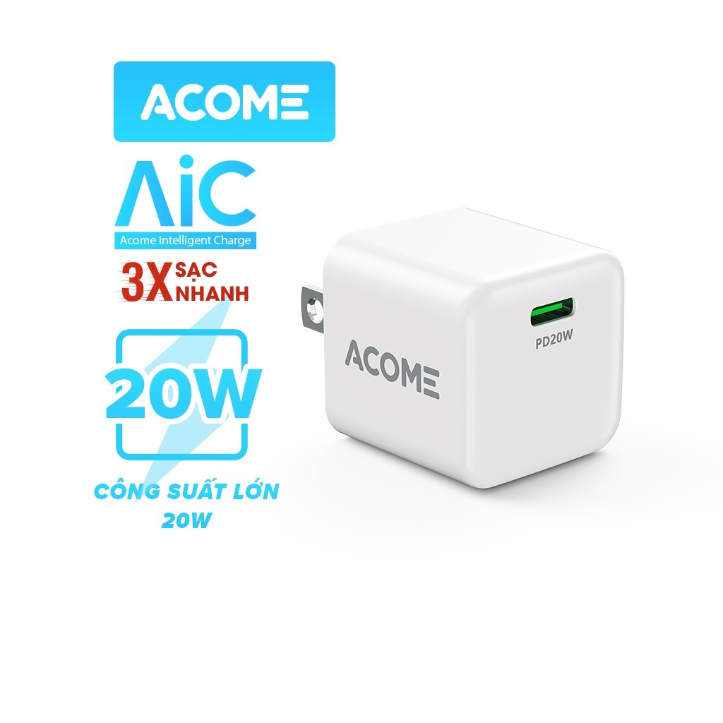 Cốc Sạc ACOME AC06U Sạc Nhanh 20W Cổng Type C Tương Thích Dòng Táo 12 Pro 13 Max 11 Mini 8 Plus