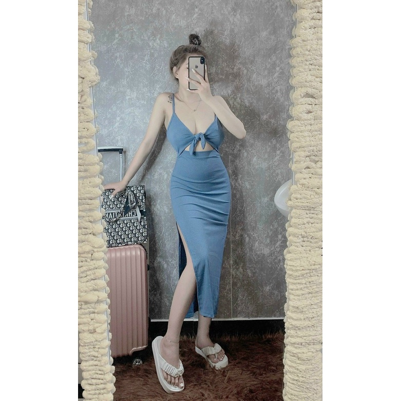 Đầm 2 dây ôm body cột dây nơ ngực xẻ tà cực sexy , chất thun gân dày dặn