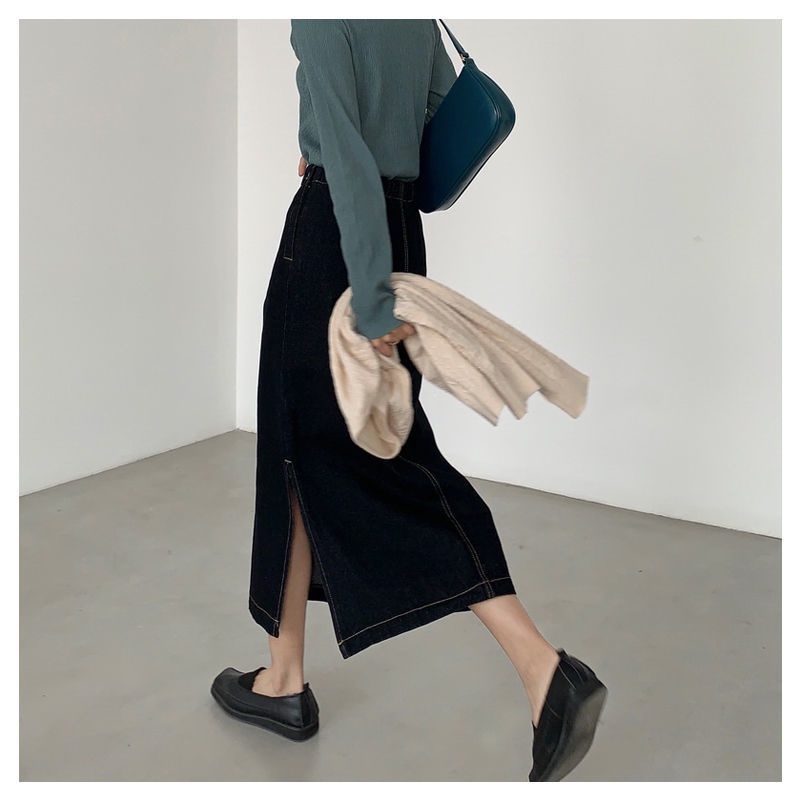 Châváy jean dáng chữ A dài lưng cao xẻ tà dành cho nữ