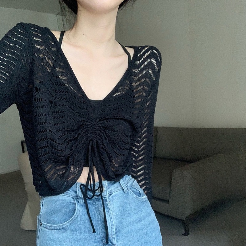 Áo Croptop Dệt Kim Chống Nắng Phối Dây Rút Phong Cách Hàn Quốc Cho Nữ