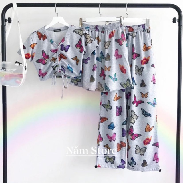 Set áo croptop rút dây + quần dài jogger Dáng rộng dây rút in hình bướm + váy hình bươm bướm Butterfly Skirt Pant | BigBuy360 - bigbuy360.vn