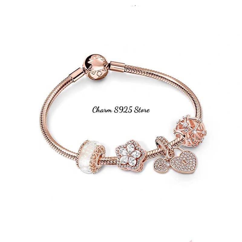 Combo vòng tay mix + 4 hạt charm pan vàng hồng đính đá cao cấp bạc s925