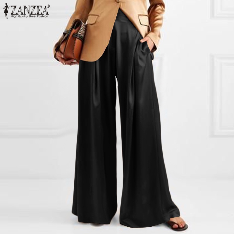 Quần dài ZANZEA bằng lụa satin ống quần rộng thời trang thường ngày dành cho nữ