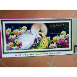 tranh đính đá cao cấp đôi chim công hoa mẫu đơn phú quý bình an kt 129x59cm