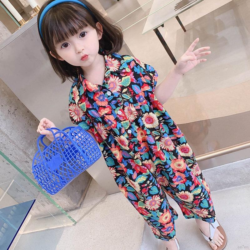 Bộ áo liền quần tay ngắn họa tiết hoa phong cách Hàn Quốc thời trang mùa hè cho bé gái