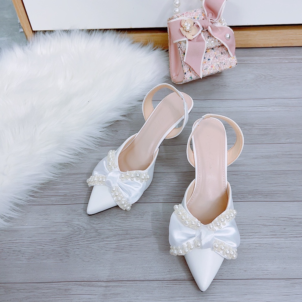 Giày cao gót sandal mũi nhọn da lì nơ viền ngọc mới gót nhọn 7cm