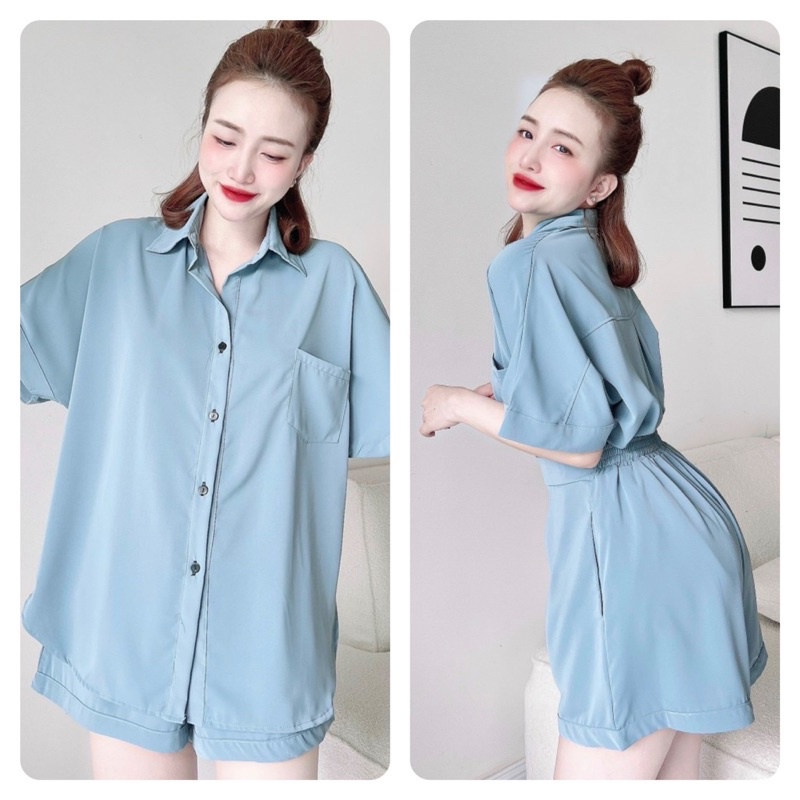 Trúc My Set bộ áo sơ mi tay ngắn và quần short trơn basic vải lụa cao cấp