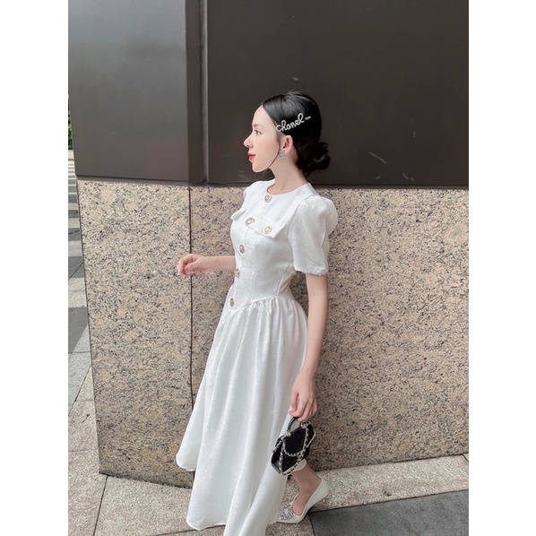 Đầm dự tiệc dáng dài đen trắng tay bồng sang chảnh, Váy Bigsize kín đáo thanh lịch