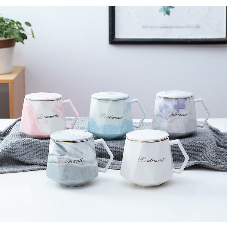 Ly cốc sứ uống trà cafe vân đá nhiều cạnh khắc chữ Romantic