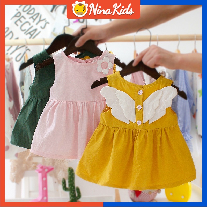Đầm không tay gắn hình đôi cánh hoạt hình bằng cotton thời trang Hàn Quốc cho bé gái 0-4 tuổi