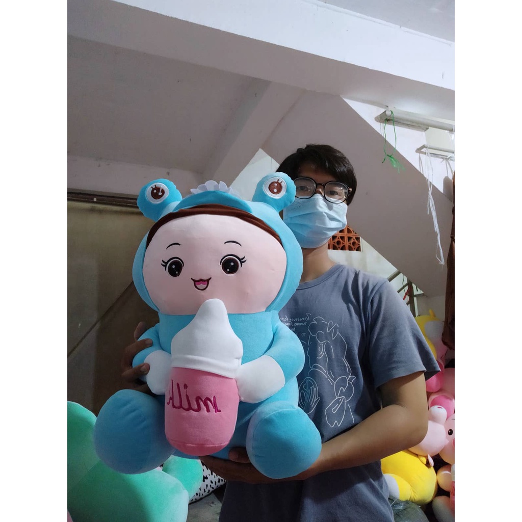 Gấu bông búp bê baby cosplay khủng long ôm bình sữa