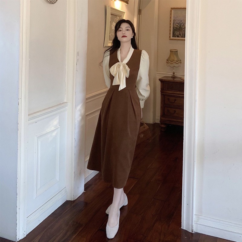 Đầm xòe nữ dáng dài tay thu đông cổ nơ bản to tay bồng HHY429, váy xòe xếp ly maxi công sở tiểu thư