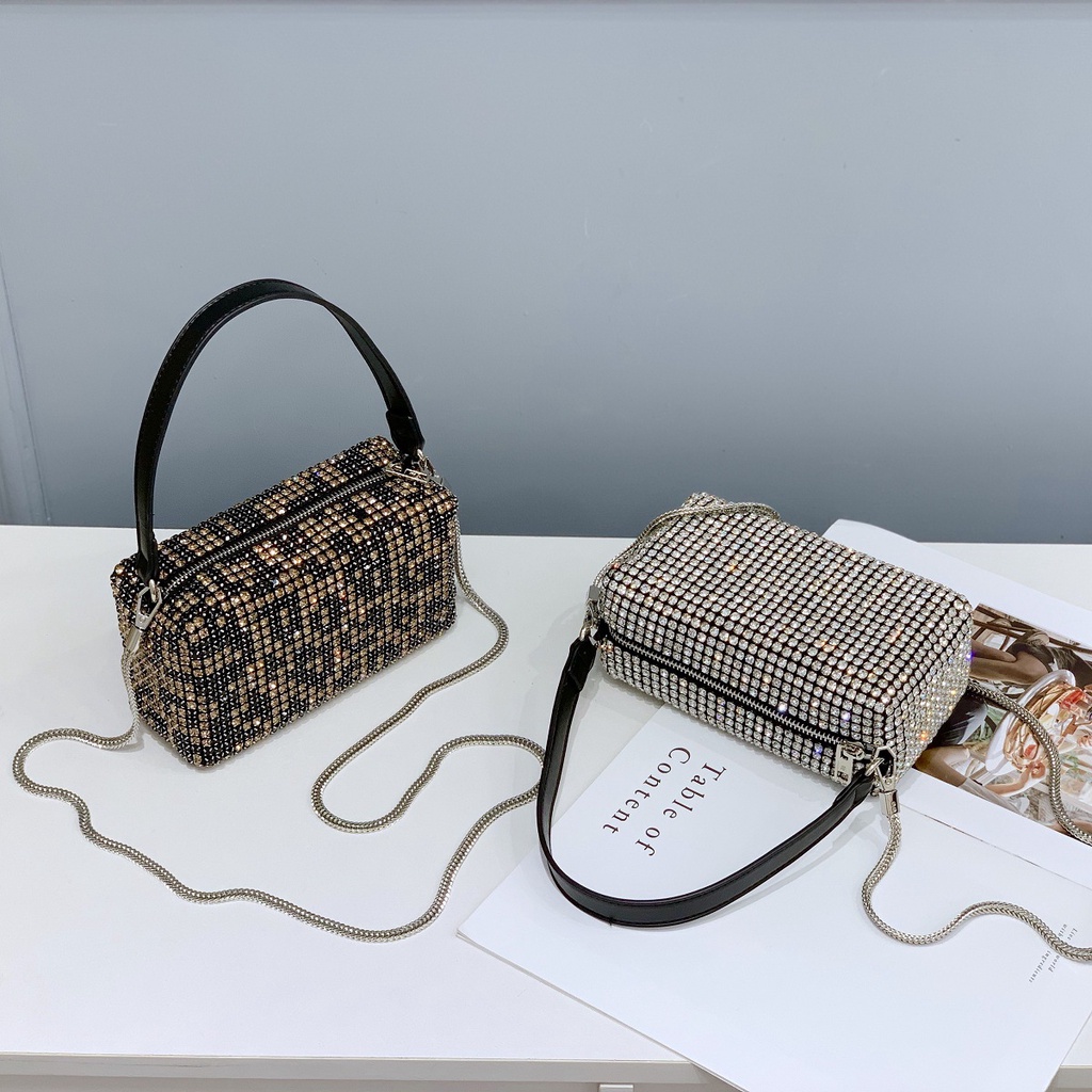 Túi Xách Đeo Vai Kiểu Vuông Nhỏ Đính Đá Kim Cương Giả Nhiều Màu Sắc Thời Trang Nữ 19cm