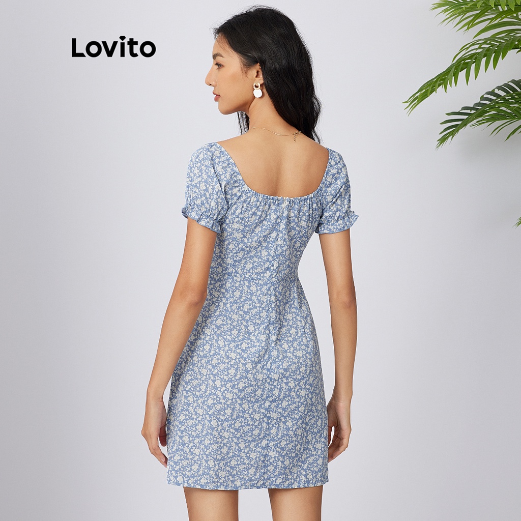 (Gợi ý từ KOL) Lovito Đầm tay phồng họa tiết hoa dễ thương L21AS095 (Xanh)