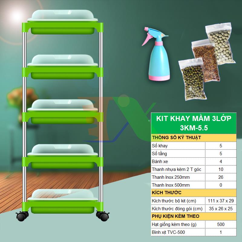 Bộ kit Khay trồng rau mầm thủy canh 3 lớp 3KM-5.5, Gồm Khay, Giá đỡ, Bình xịt, Hạt giống