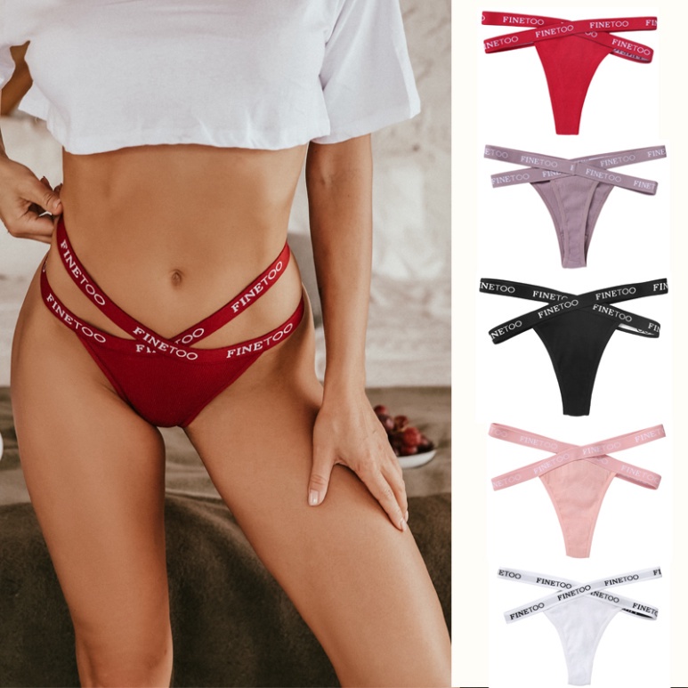 Quần lót lọt khe FINETOO cotton lưng bắt chéo in chữ sành điệu cho phái nữ nội y xanh chất cực đẹp, sang chảnh, đồ lót