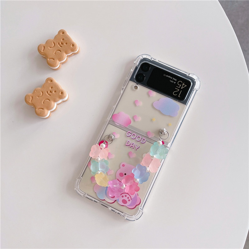 Ốp Điện Thoại Mềm Trong Suốt Chống Sốc In Hình Gấu Hoạt Hình Kèm Dây Đeo Cho Samsung Galaxy Z Flip 3 5G