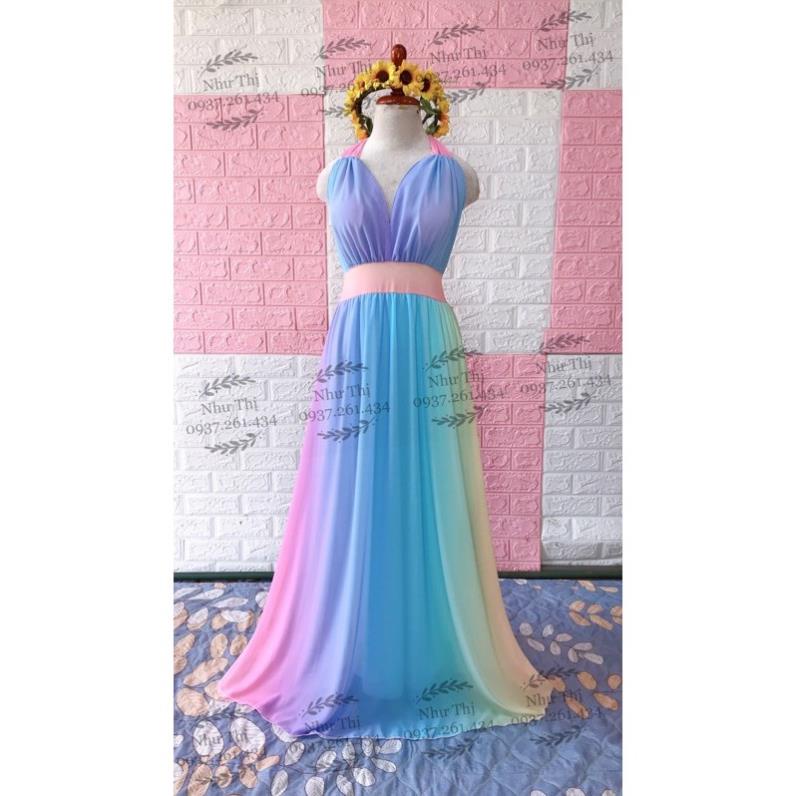 ঔ (miễn phí chỉnh váy) đầm maxi màu loang yếm hai dây cột nơ đi biển du lịch chụp hình sống ảo mix nhiều màu cầu vồng ঔ