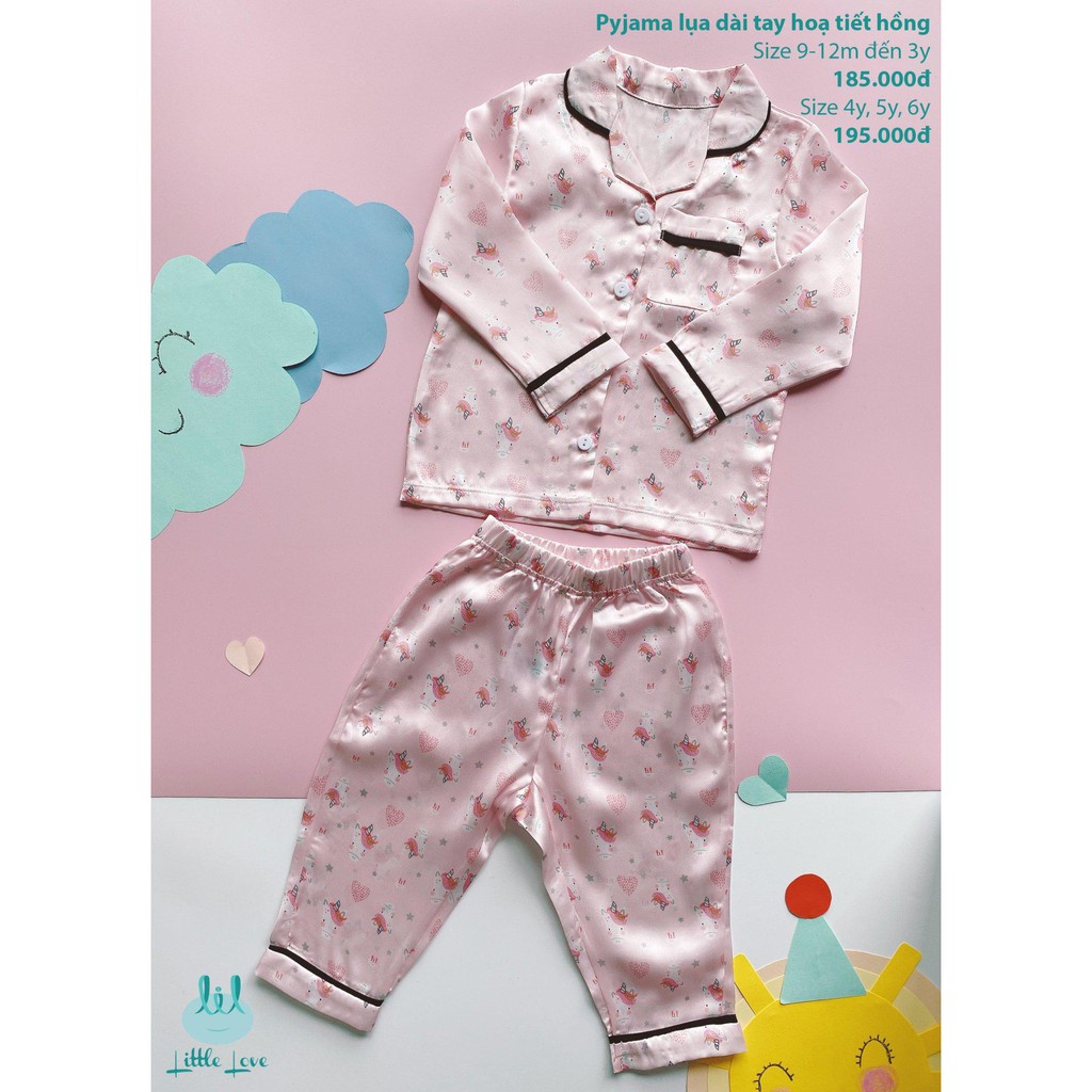 [CHÍNH HÃNG] Bộ pyjama lụa dài tay họa tiết trẻ em Little Love