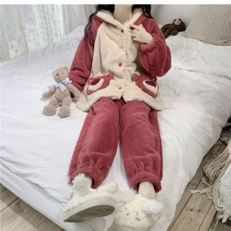 Bộ ngủ lông gấu phối đỏ mận siêu kute dễ thương ulzzang ,bộ đồ mặc nhà xinh sắn ấm áp mùa đông - LAZASHION