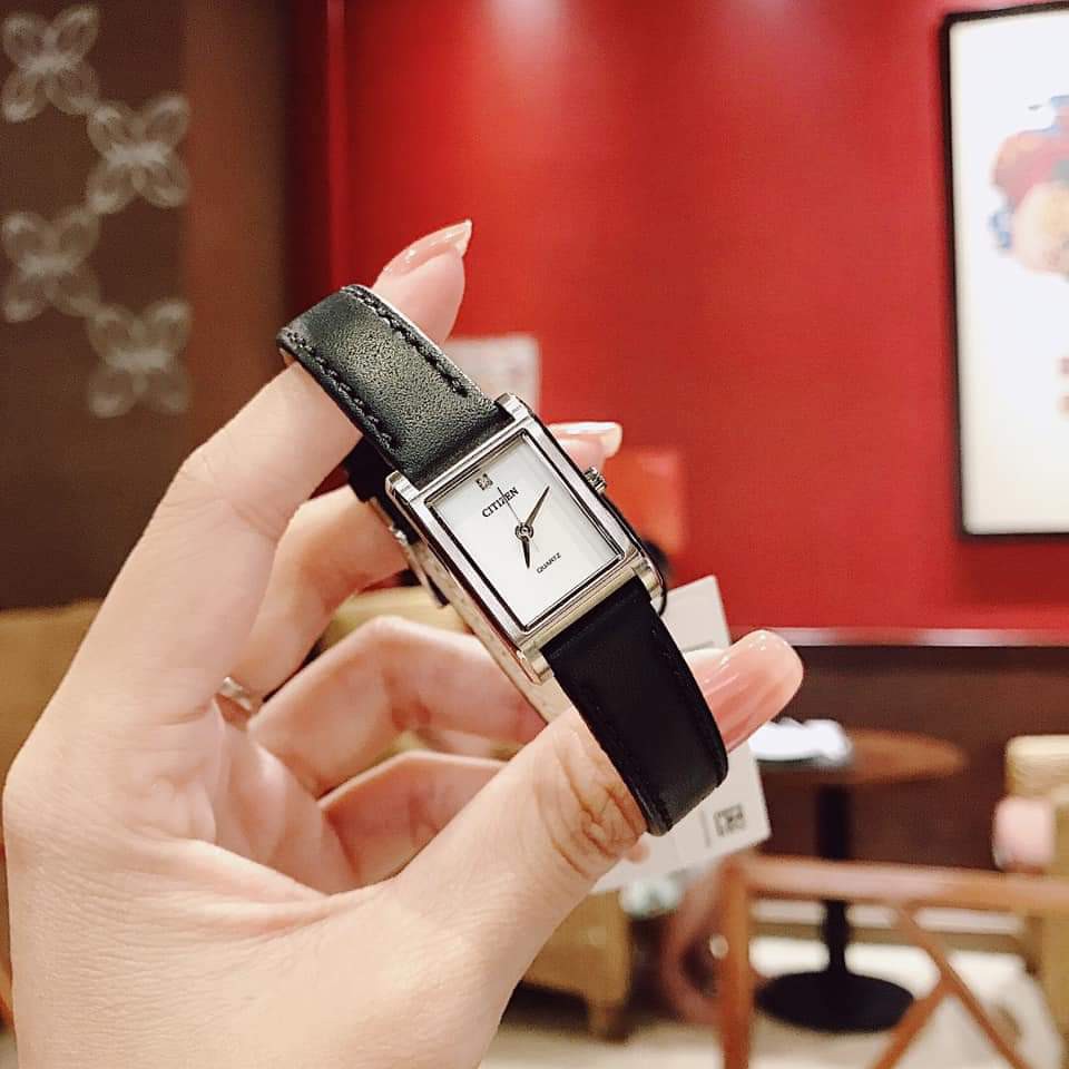 Đồng hồ nữ Citizen Women's Mother Of Pearl Quartz Black Leather Strap Watch #EJ6121